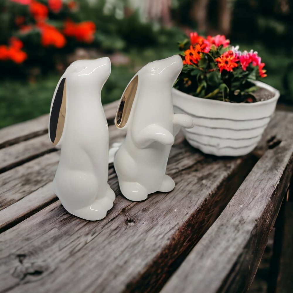 Alabaster White Ceramic Bunnies with Gold Accent Ears - Set of 2